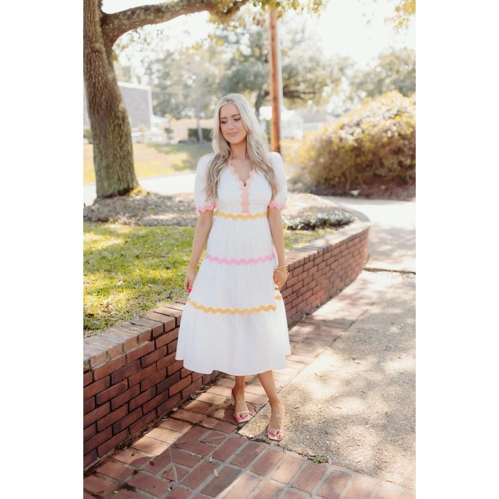 Entro Rainbow Stripe Puff Sleeve Midi Dress Size L Tiered Boho Beach V Neck